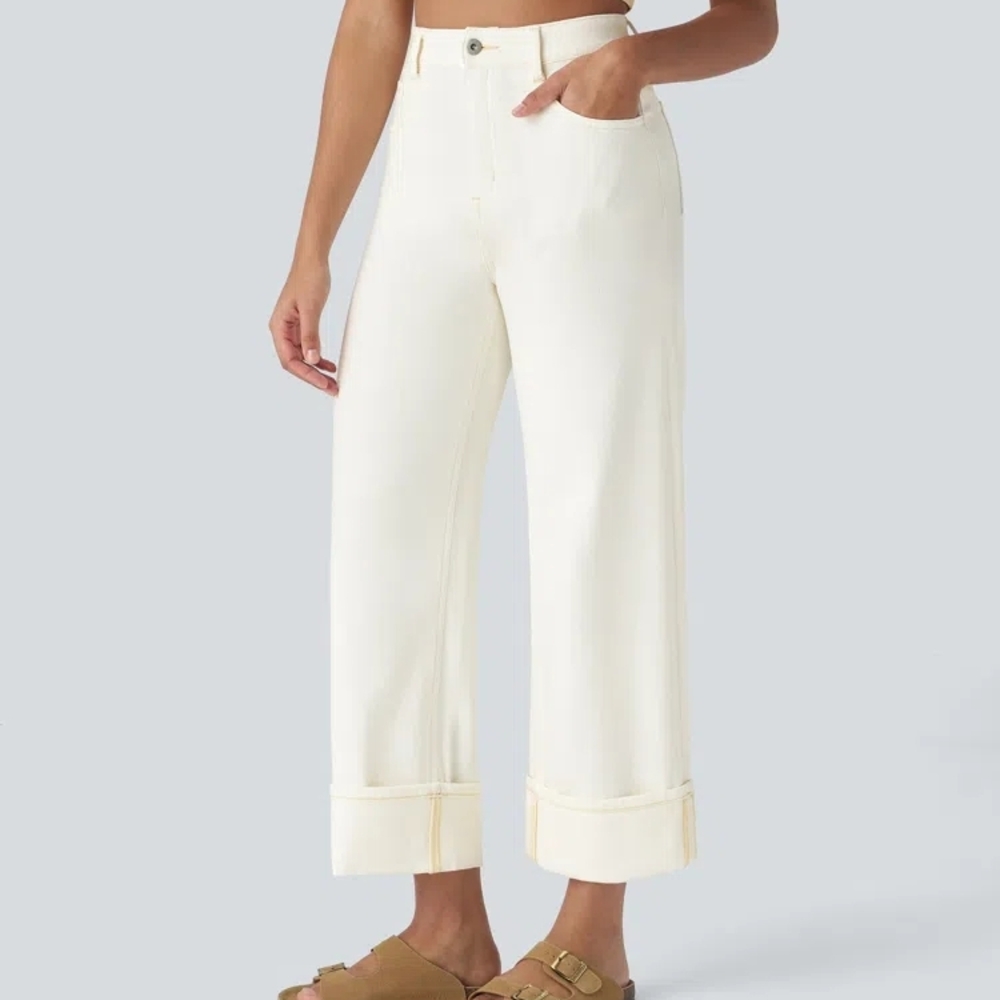 Halara Flex High Waisted Rolled Hem Wide Leg Stretchy Jeans - Small